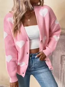 EMERY ROSE Heart Pattern Drop Shoulder Cardigan,Long Sleeve Tops Fall Winter Cloth For Women - Baby Pink - View 4