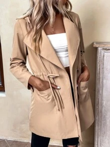 Roll Tab Sleeve Drawstring Waist Hooded Coat - Khaki - View 3