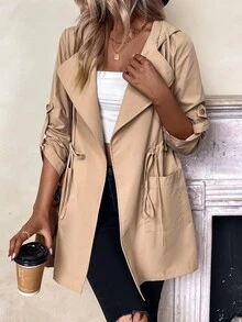Roll Tab Sleeve Drawstring Waist Hooded Coat - Khaki - View 4