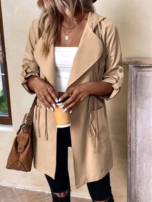 Roll Tab Sleeve Drawstring Waist Hooded Coat - Khaki - View 5