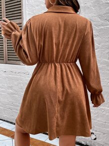 SHEIN LUNE Plus Flap Detail Flounce Sleeve Drawstring Waist Shirt Dress