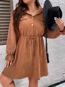 SHEIN LUNE Plus Flap Detail Flounce Sleeve Drawstring Waist Shirt Dress