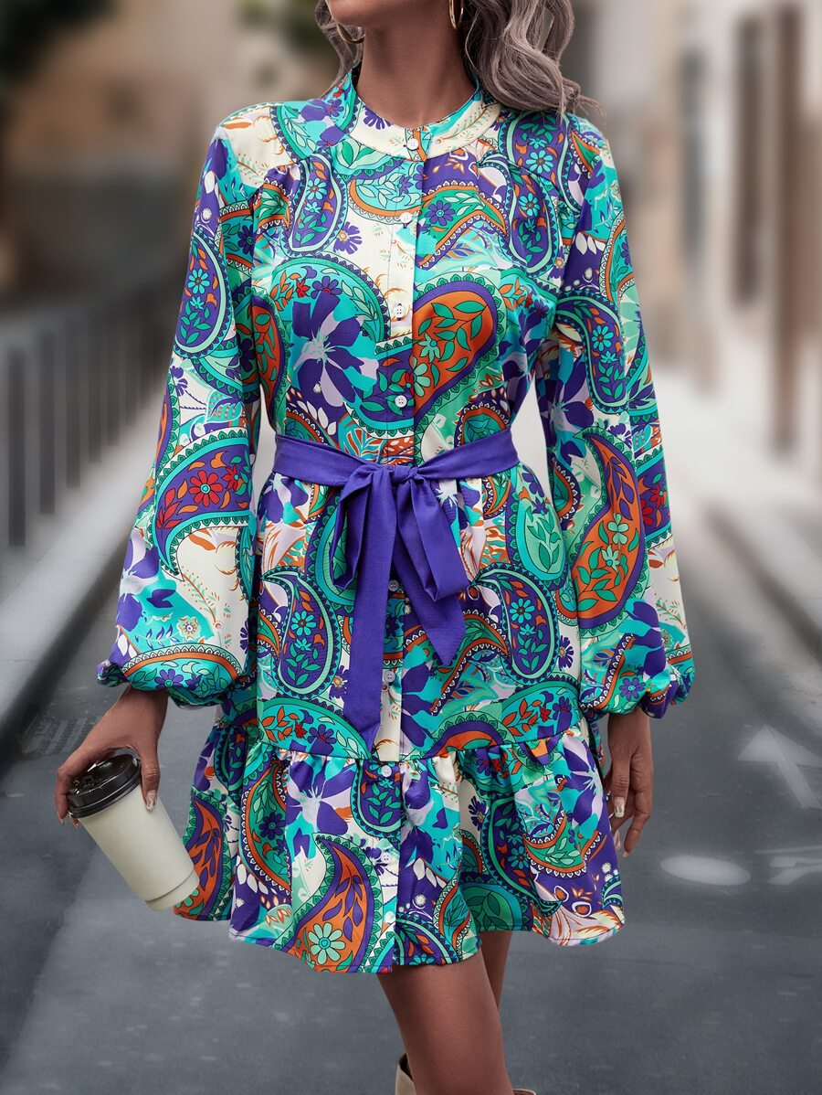 SHEIN Privé Đầm Thắt lưng Viên lá sen Nút phía trước Paisley Boho - màu xanh lá - Xem 1