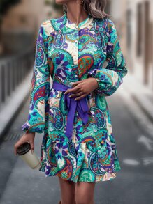 SHEIN Privé Đầm Thắt lưng Viên lá sen Nút phía trước Paisley Boho - màu xanh lá - Xem 5