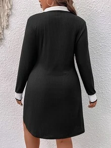 Vestido de cuello en contraste tejido de canalé - Negro - Ver 2