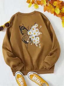 SHEIN EZwear Plus Slogan & Butterfly Print Thermal Pullover - Mocha Brown - View 1