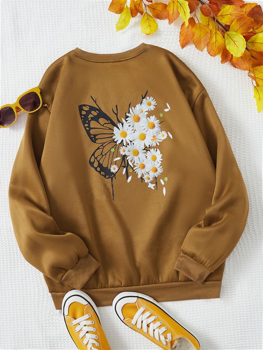 SHEIN EZwear Plus Slogan & Butterfly Print Thermal Pullover - Mocha Brown - View 1