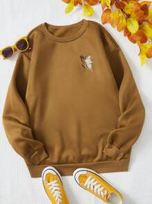 SHEIN EZwear Plus Slogan & Butterfly Print Thermal Pullover - Mocha Brown - View 3