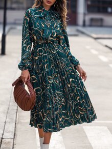 SHEIN LUNE Allover Print Tie Neck Pleated Hem Dress - Dark Green - View 1
