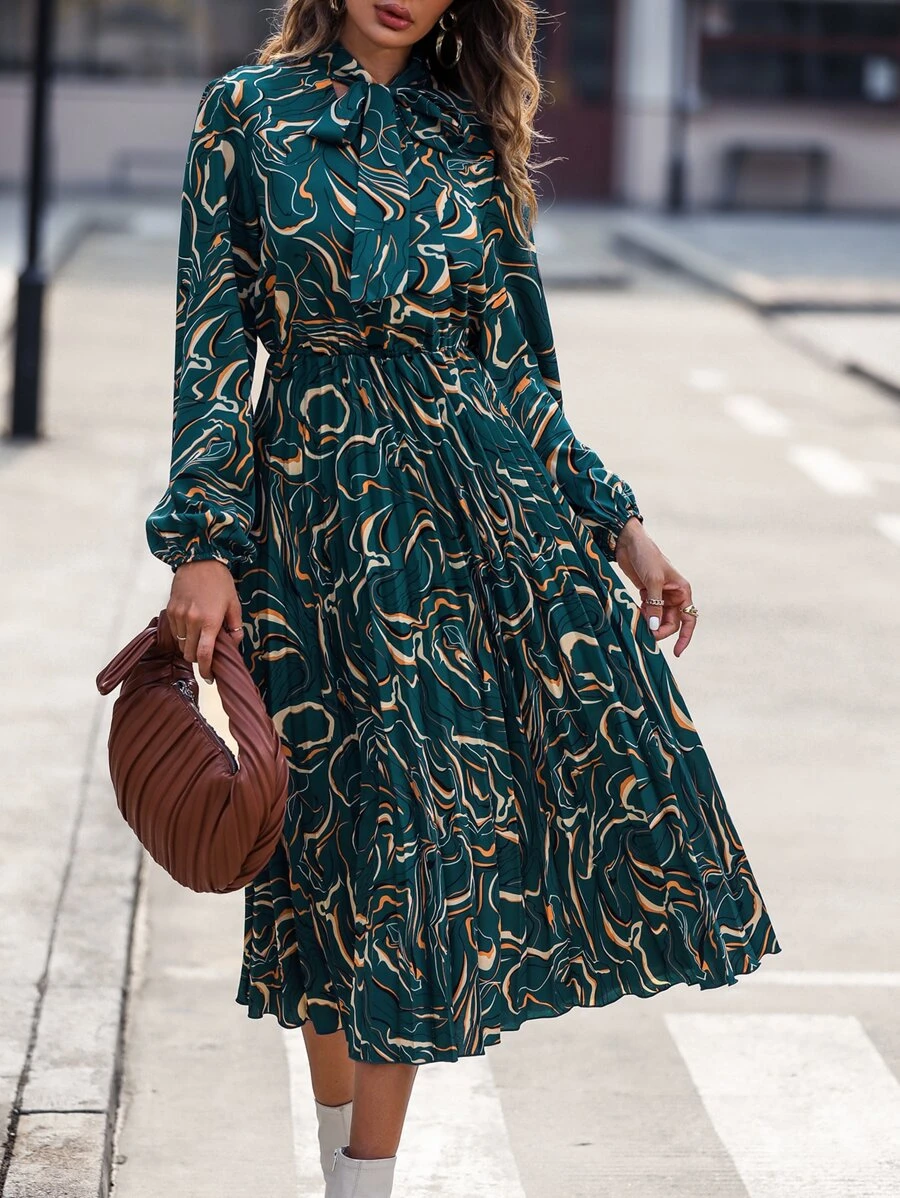 SHEIN LUNE Allover Print Tie Neck Pleated Hem Dress - Dark Green - View 1