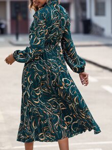 SHEIN LUNE Allover Print Tie Neck Pleated Hem Dress - Dark Green - View 2
