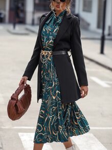 SHEIN LUNE Allover Print Tie Neck Pleated Hem Dress - Dark Green - View 3