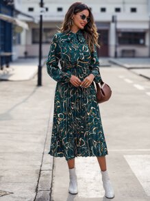 SHEIN LUNE Allover Print Tie Neck Pleated Hem Dress - Dark Green - View 4