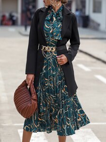 SHEIN LUNE Allover Print Tie Neck Pleated Hem Dress - Dark Green - View 5