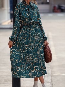 SHEIN LUNE Allover Print Tie Neck Pleated Hem Dress - Dark Green - View 6