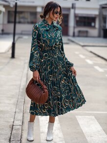 SHEIN LUNE Allover Print Tie Neck Pleated Hem Dress - Dark Green - View 7