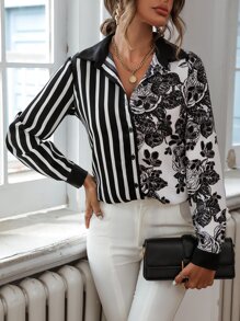Chiquease Áo sơ mi sọc và hoa, áo dài tay - Đen và trắng - Xem 5