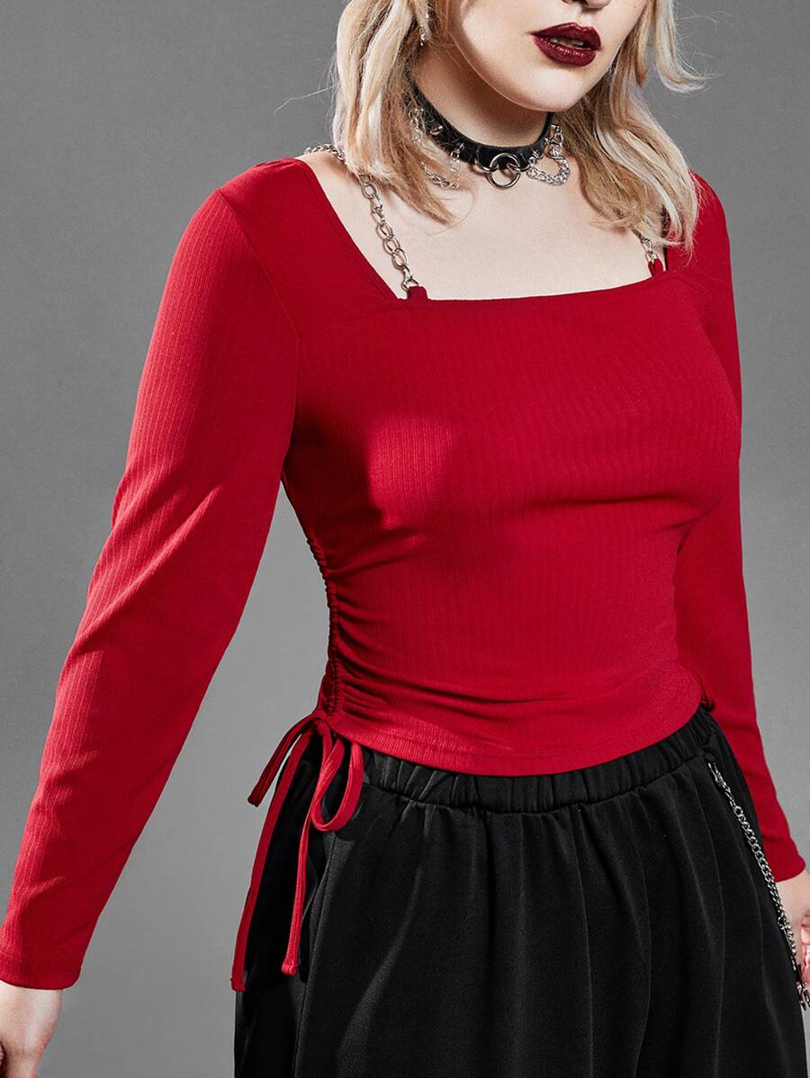 PUNK Plus Square Neck Chain Detail Tee - Red - View 1