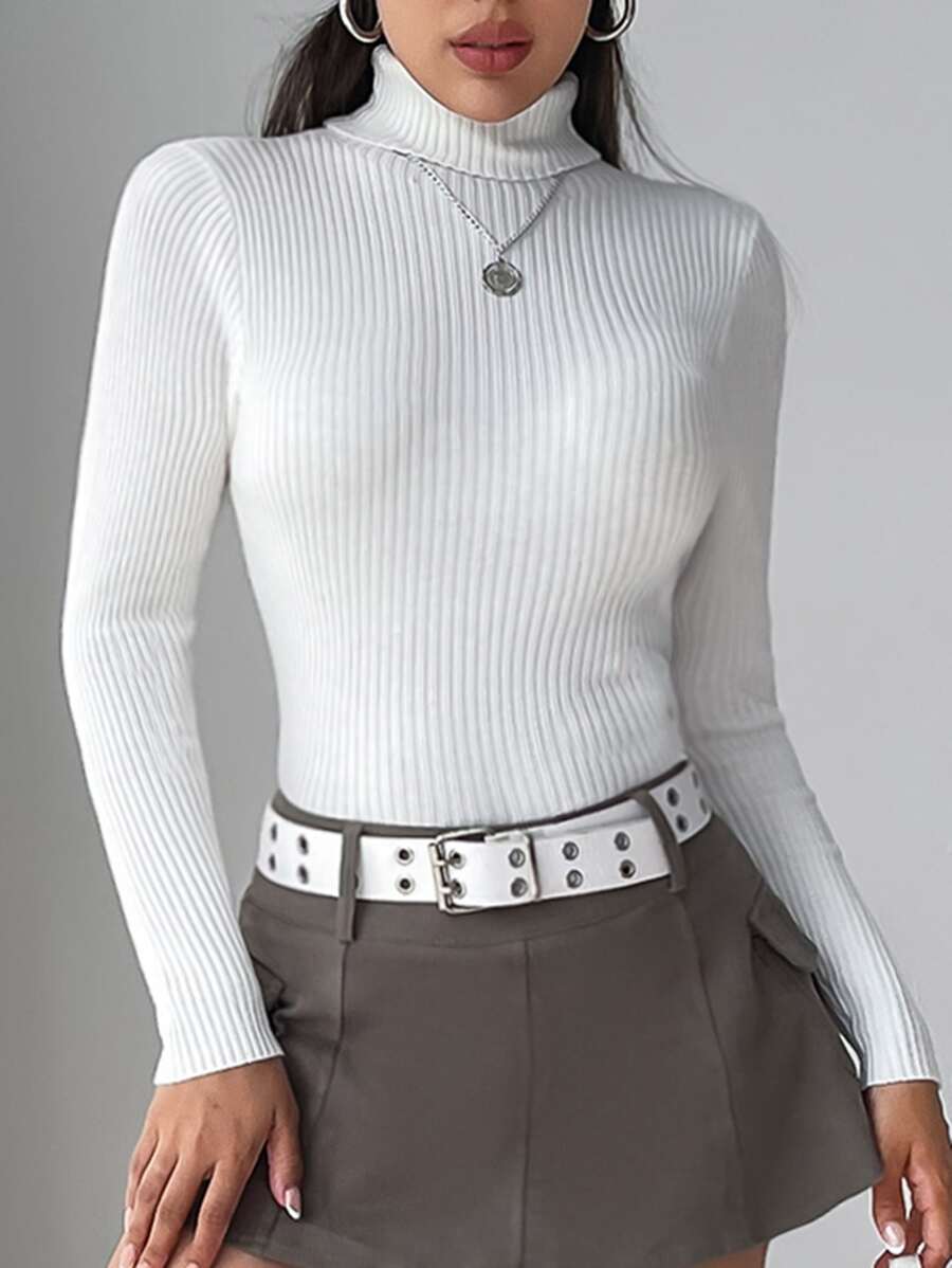 RueChic High Neck Solid Jumper - White - View 1