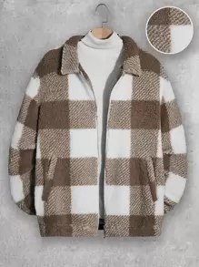 GENTILAND Men's Buffalo Plaid Print Oversized Teddy Jacket With Drop Shoulder (Tee Not Included) - Multicolor - View 1