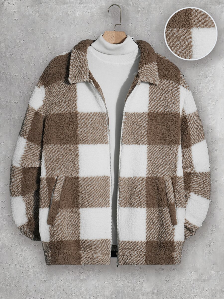 GENTILAND Men's Buffalo Plaid Print Oversized Teddy Jacket With Drop Shoulder (Tee Not Included) - Multicolor - View 1