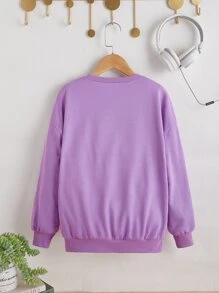 SHEIN Tween Girl Letter & Cartoon Graphic Drop Shoulder Pullover - Lilac Purple - View 2