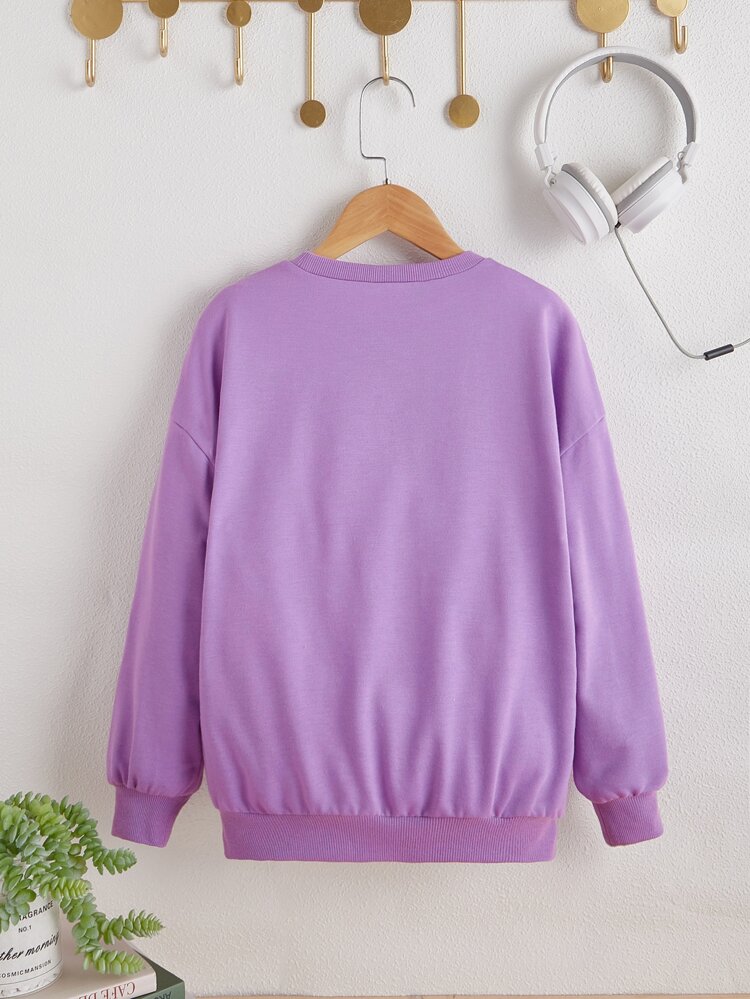 Tween Girl Letter & Cartoon Graphic Drop Shoulder Pullover