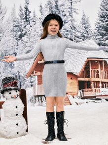 SHEIN Girls Turtleneck Cold Shoulder Dress Without Belt - Light Grey - View 4