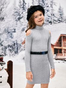 SHEIN Girls Turtleneck Cold Shoulder Dress Without Belt - Light Grey - View 6