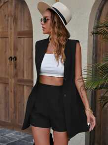Chiquease Button Front Vest Blazer & Shorts - Black - View 1