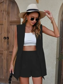 Chiquease Button Front Vest Blazer & Shorts - Black - View 3