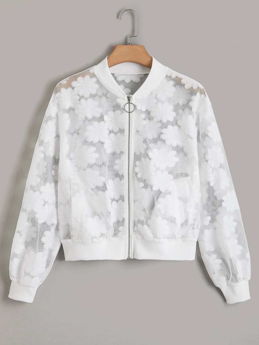 Cazadora tipo bomber con bordado floral de malla - Blanco - Ver 1