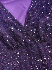 SHEIN BAE 深V領燈籠袖亮片緊身洋裝 - 紫羅蘭色 - 查看 3