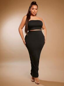 SHEIN SXY Plus Solid Crop Tube Top & Ruched Hem Pencil Skirt - Black - View 4