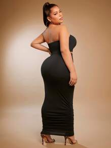 SHEIN SXY Plus Solid Crop Tube Top & Ruched Hem Pencil Skirt - Black - View 2