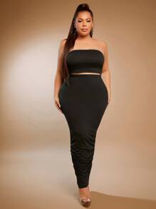 SHEIN SXY Plus Solid Crop Tube Top & Ruched Hem Pencil Skirt - Black - View 3