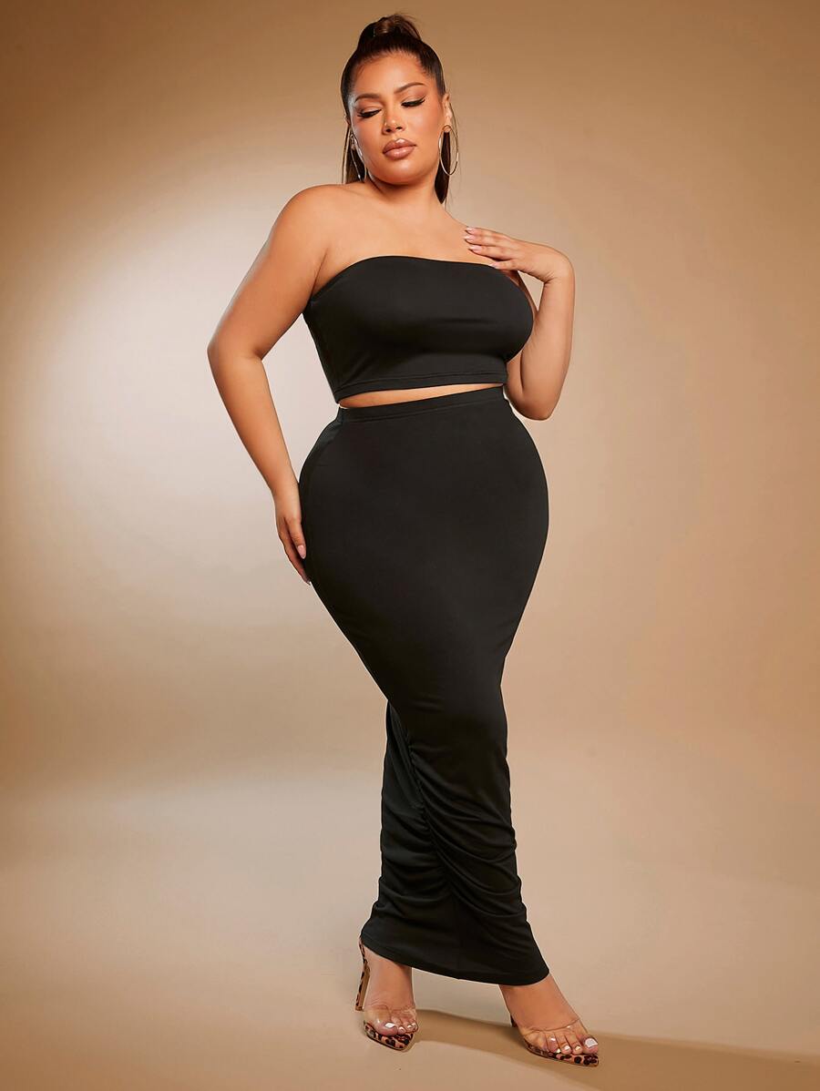 SHEIN SXY Plus Solid Crop Tube Top & Ruched Hem Pencil Skirt - Black - View 1