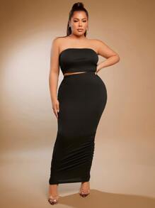 SHEIN SXY Plus Solid Crop Tube Top & Ruched Hem Pencil Skirt - Black - View 5