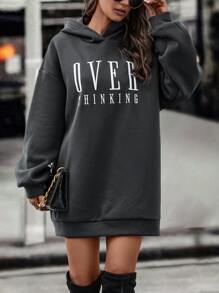EMERY ROSE 字母圖案落肩袖連帽連衣裙 - 灰色 - 查看 5