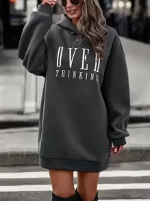 EMERY ROSE 字母圖案落肩袖連帽連衣裙 - 灰色 - 查看 6