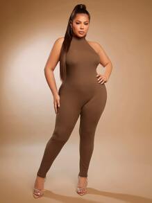 SHEIN SXY Plus Ribbed Knit Unitard Jumpsuit - Mocha Brown - View 1