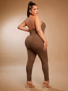 SHEIN SXY Plus Ribbed Knit Unitard Jumpsuit - Mocha Brown - View 2