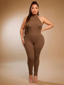 SHEIN SXY Plus Ribbed Knit Unitard Jumpsuit - Mocha Brown - View 3