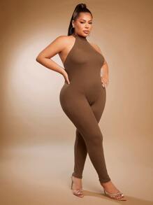 SHEIN SXY Plus Ribbed Knit Unitard Jumpsuit - Mocha Brown - View 4