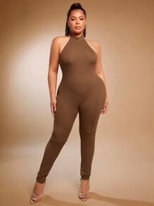 SHEIN SXY Plus Ribbed Knit Unitard Jumpsuit - Mocha Brown - View 5