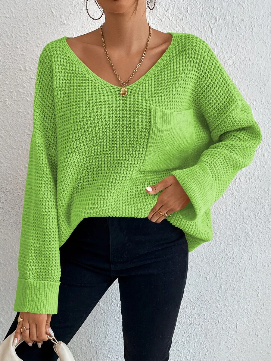 SHEIN Essnce Drop Shoulder Pocket Patched Jumper - Lime Green - View 1