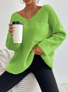 SHEIN Essnce Drop Shoulder Pocket Patched Jumper - Lime Green - View 3