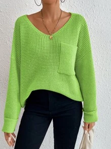 SHEIN Essnce Drop Shoulder Pocket Patched Jumper - Lime Green - View 4