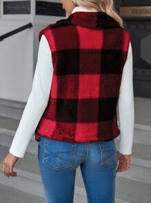 SHEIN LUNE Buffalo Plaid Print Open Front Teddy Vest Coat - Red - View 2