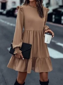 SHEIN LUNE 褶邊領荷葉邊荷葉袖洋裝不附腰帶 - 駝色 - 查看 1